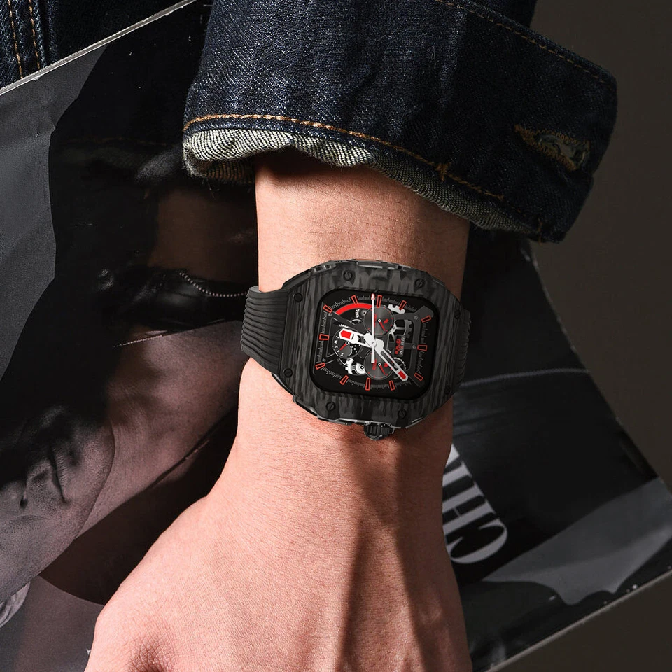 Estuche de fibra de carbono correa de goma fluororuro para Apple Watch Ultra 49 mm Mod Kit 44 mm 45 mm Foto 4 de 4