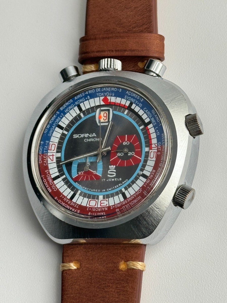 Sorna Swiss Mechanical Bullhead Chronograph Crowns Original 1970