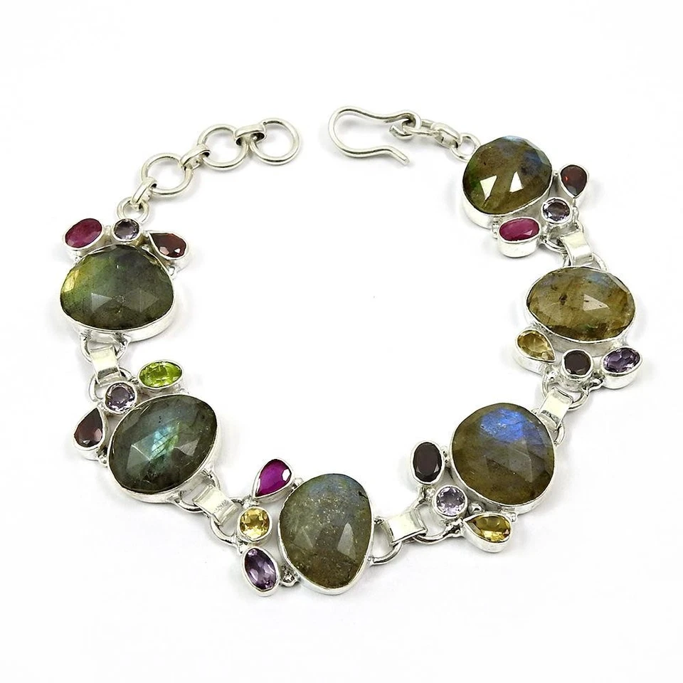 Oval Amethyst Gemstone Sterling Silver Chain Handmade Wedding Bracelet Jewelry - Image 3 of 4