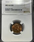 1910 UNC Lincoln Cent 1c NGC MS64 RB - Beautifully Toned! Stunning Lincoln Cent!