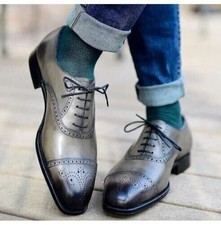 Handcrafted New Men's Gray Color Leather Oxford Cap-Toe Brogue Lace Up Shoes Men