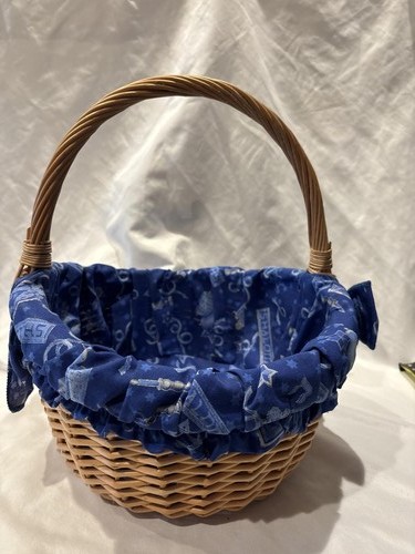 Woven Basket w/Handle & Lined w/Blue Shabbat Decor Fabric 11.5" x 12" Judaica