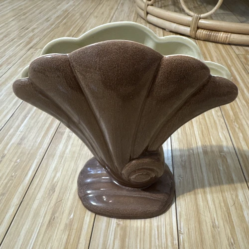 Vintage Red Wing Art Pottery Brown and Cream Fan Shell Vase #892 - 7.5"