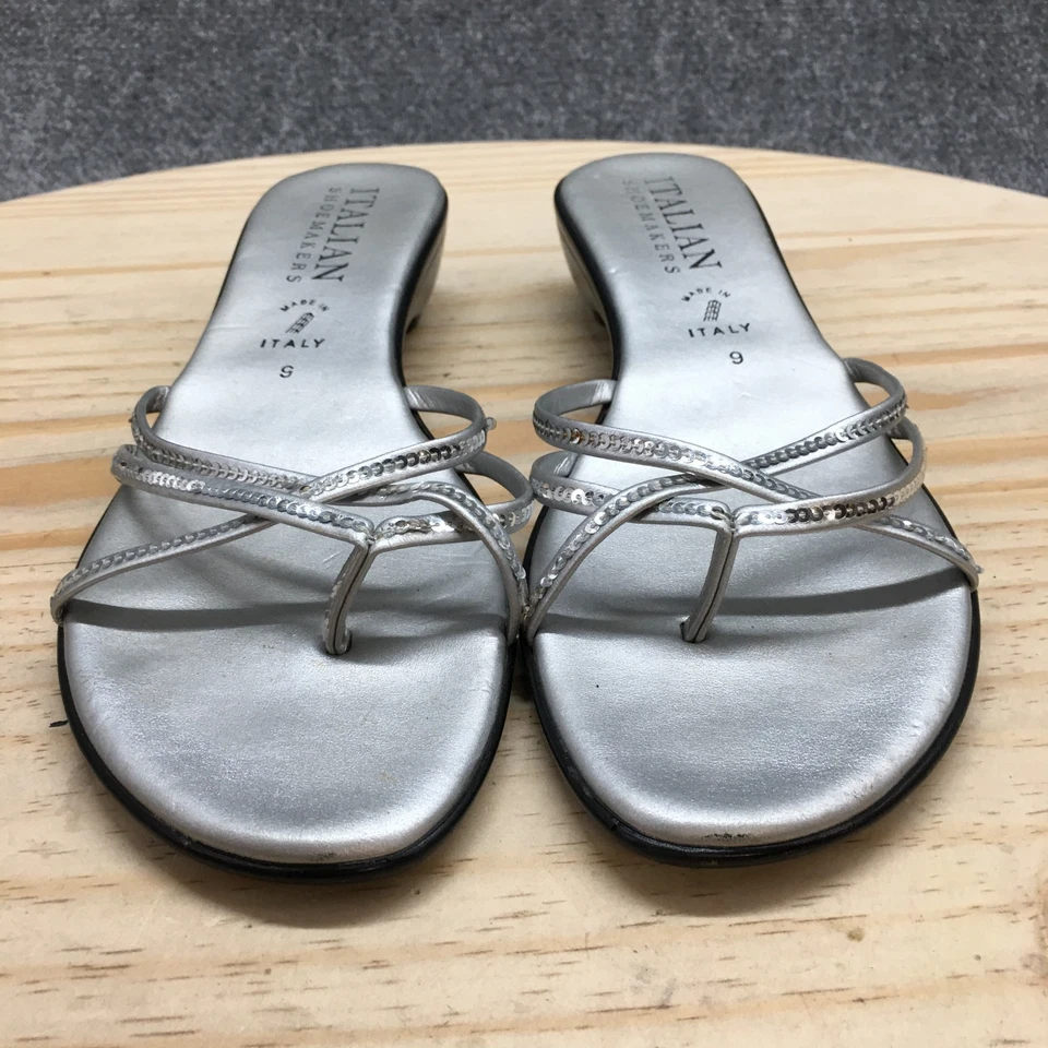 Italian Shoemakers Sandals Womens 9 Slide Silver Faux Leather Sequin Embellished - Image 4 of 4