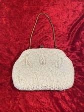 Antique 1950  s Ivory Beaded Evening Hand Purse Handmade In Hong Kong