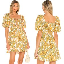 NWT Faithfull the Brand Nikoleta Scoop Neckline Puff Sleeve Mini Dress Yellow 
