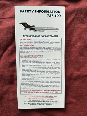 UPS United Parcel Service Airlines B727 Passenger Safety Card Issued 9/30/1996