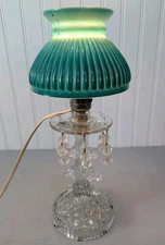 Vintage Ribbed Dark Green Milk Glass Crystal Student Lamp Shade 14" Tall Working