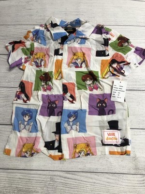 Vans Sailor Moon Shirt Kids 5M White Woven Button Front Anime Graphic Print Top