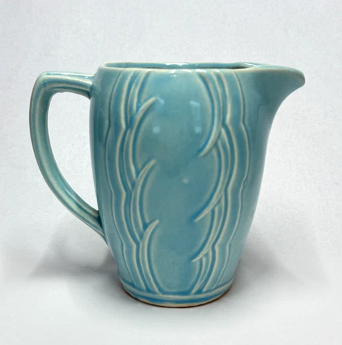 MC COY PITCHER CREAMER TURQUOISE BLUE CURVED DESIGN VINTAGE 5.25" TALL