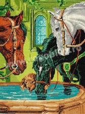 Handmade Gobelin Needlepoint   Horses Drinking Water Scene, Unframed 15x20 cm 