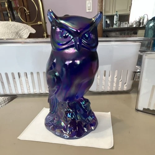 Rare Fenton  Purple Carnival Glass Horned Owl Iridescent Art Glass