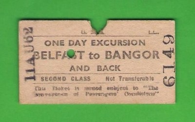 UTA Ulster Transport ~ Tagesausflugsticket 2. Klasse - Belfast nach Bangor - 1962