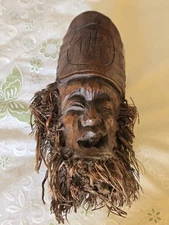 Vtg. Chinese bamboo root carving, man face with fibrous beard wall decor.