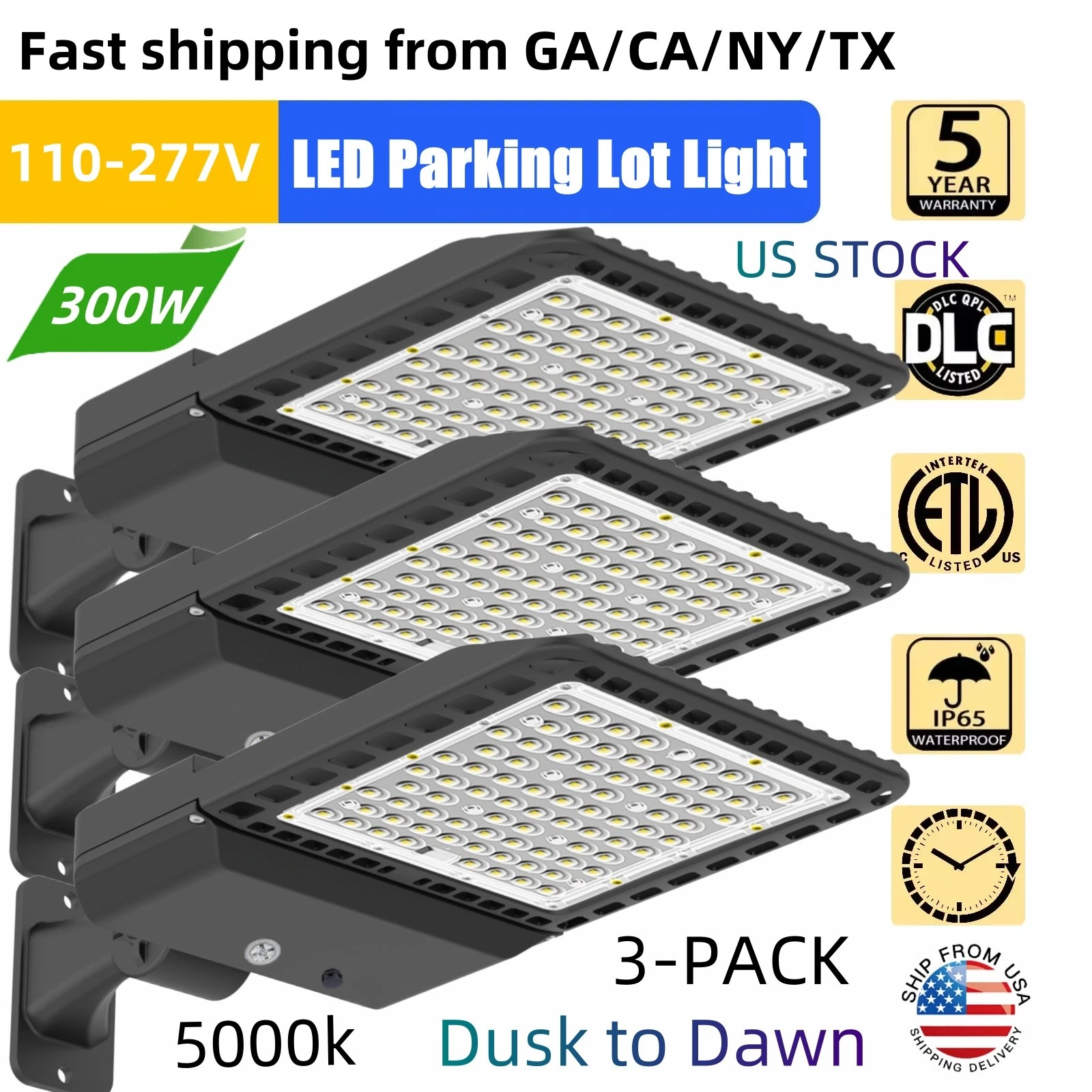 3PCS 300W LED Parking Lot Light Dusk to Dawn Commercial Grade LED Shoebox Lights