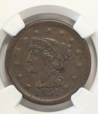 1851 BRAIDED HAIR ONE CENT PCGS XF45 BN -NICE TYPE COIN -Z329