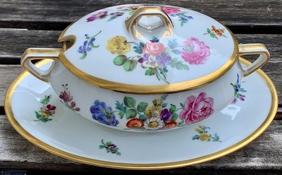 Porzellan Deckelterrine   Ambrosius Lamm Art Deco Blumendekor, Goldstaffage 