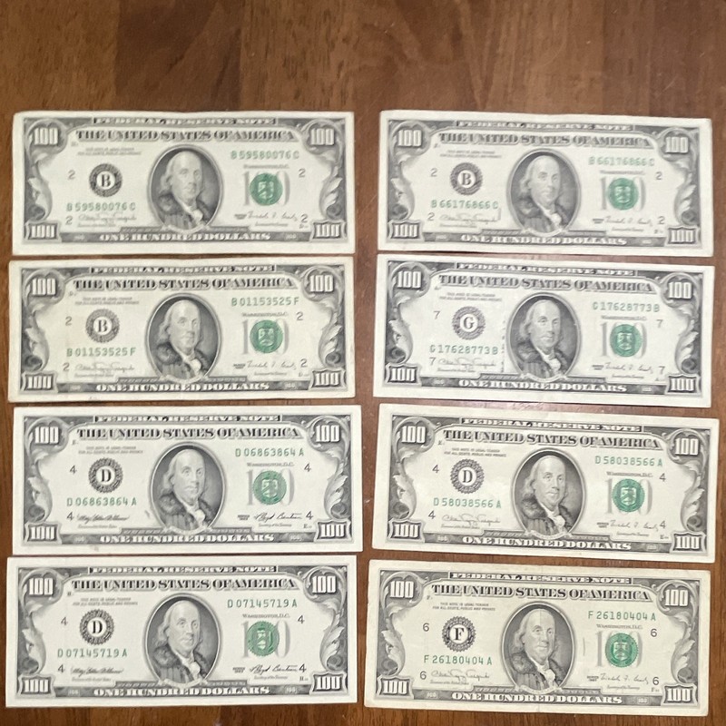 Lot of 8 US $100 Federal Reserve Notes Banknotes Uncertified Ungraded