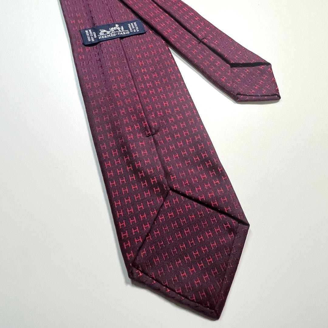 Hermès Fassonné H Pattern Tie Bordeaux Men's Luxury Silk Used thumbnail 2