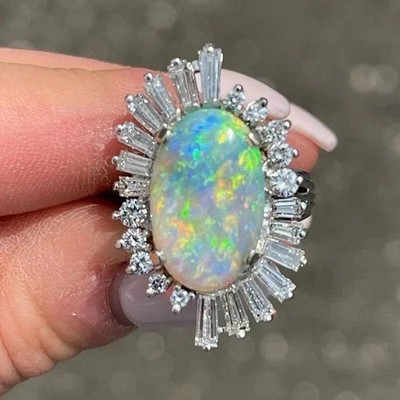 4Ct Oval Cut Natural Fire Opal Halo Engagement Ring 14K White Gold Plated