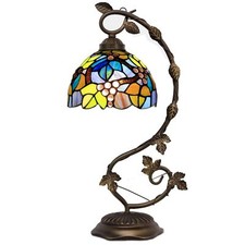 Tiffany Lamp Amber Grape Stained Glass Table Lamp Metal Leaf Desk Reading Lig...