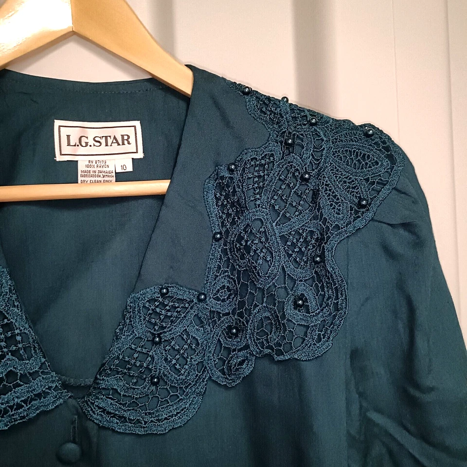 L.G.Star Womens Dress Green Size UK 10 Western Beaded Midi Vintage Pockets - Image 4 of 4