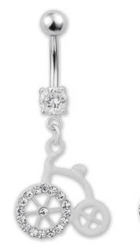 Belly Ring Sports Unicycle w/Clear Gem Dangle Naval Steel Body Jewelry - Afbeelding 1 van 3