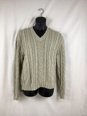 AIGLE Sweater Large Sage Green Fisherman Pullover Long Sleeve 100% Cotton