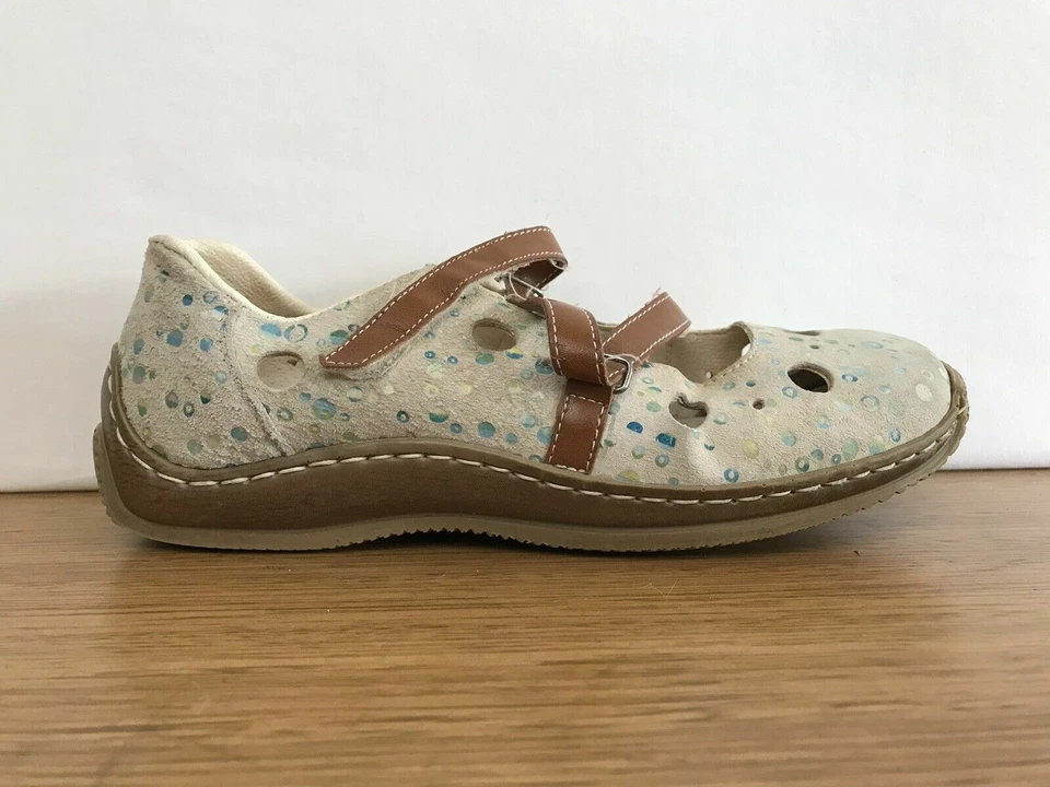 ☘️Mujer Rieker Antiestrés Gamuza Cuero Estampado Zapatos Correa Zuecos Planos Talla 37 6 Foto 3 de 4