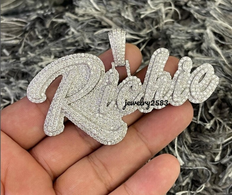 Buss Down Men's Simulated Diamond Custom Name Plate Pendant 925  Silver