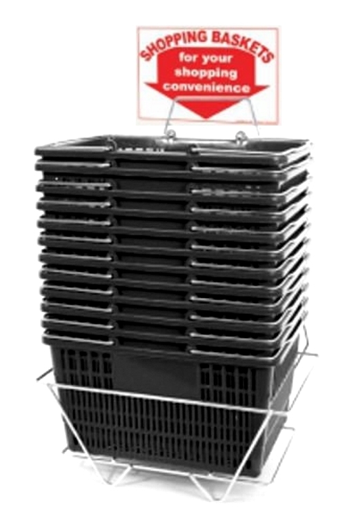 NEW 12 Standard Shopping Baskets - Chrome Handles - Metal Stand and Sign - Black