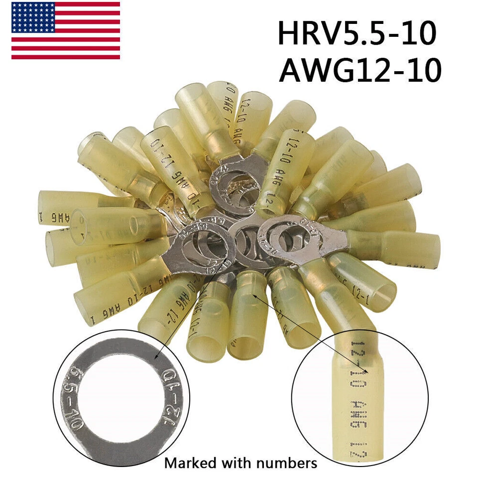20-1000x 12-10AWG Yellow Heat Shrink Ring Terminal Wire Crimp Connector M10 Bolt - Image 2 of 4