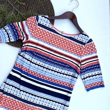 Eliza J Womens Dress Graphic Stripe Sheath Blue Orange Shirt Sleeve Career 8