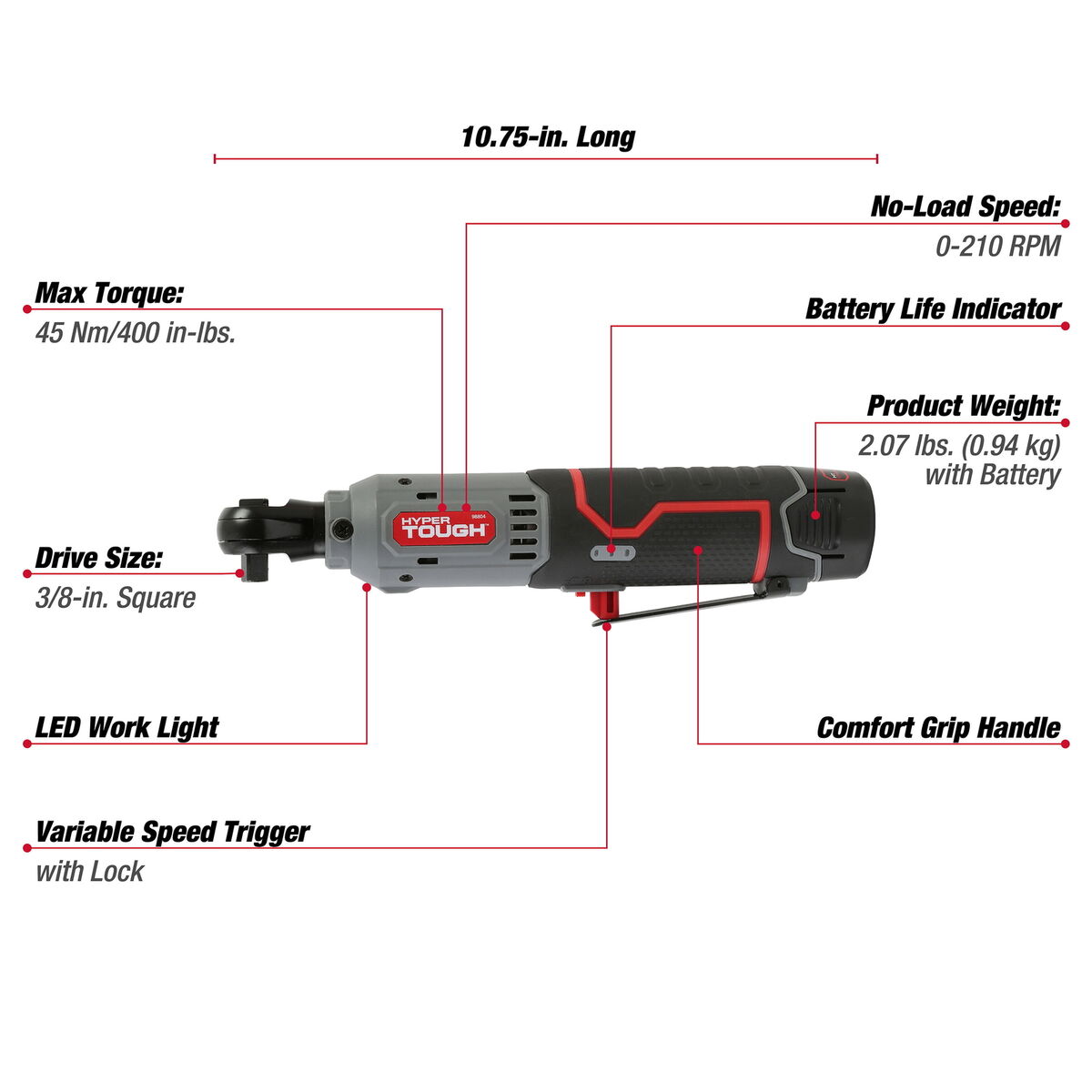 Hyper Tough 12V Max* 3/8-in Lithium-Ion Cordless Ratchet with 1.5