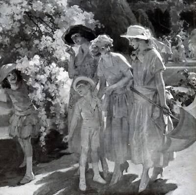 NACHMITTAG IM JUNI IM ROSENGARTEN VON BAGATELLE René Lelong ILLUSTRATION 1921 SEHR GUTER ZUSTAND