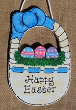 HAPPY EASTER BASKET Door SIGN Wall Art Hanging Hanger Plaque Eggs Seasonal Decor