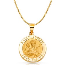 14K Yellow Gold St. Joseph Charm Pendant  1.7mm Flat Open Wheat Chain Necklace