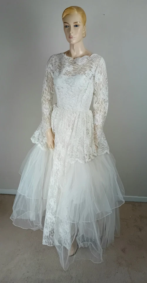 VINTAGE ANTIQUE MID-CENTURY BEAUTIFUL 50S WHITE WEDDING DRESS 8 10 - Image 4 of 4