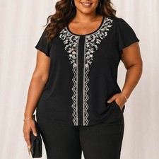 Time and Tru Women's XXL (20) Black White Embroidered Flutter Sleeve Top