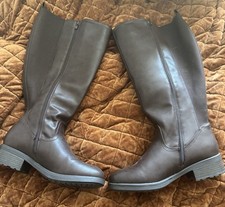 Women's Brown Faux Leather Knee-High Riding Boots Wide Calf Zip Round Toe 10