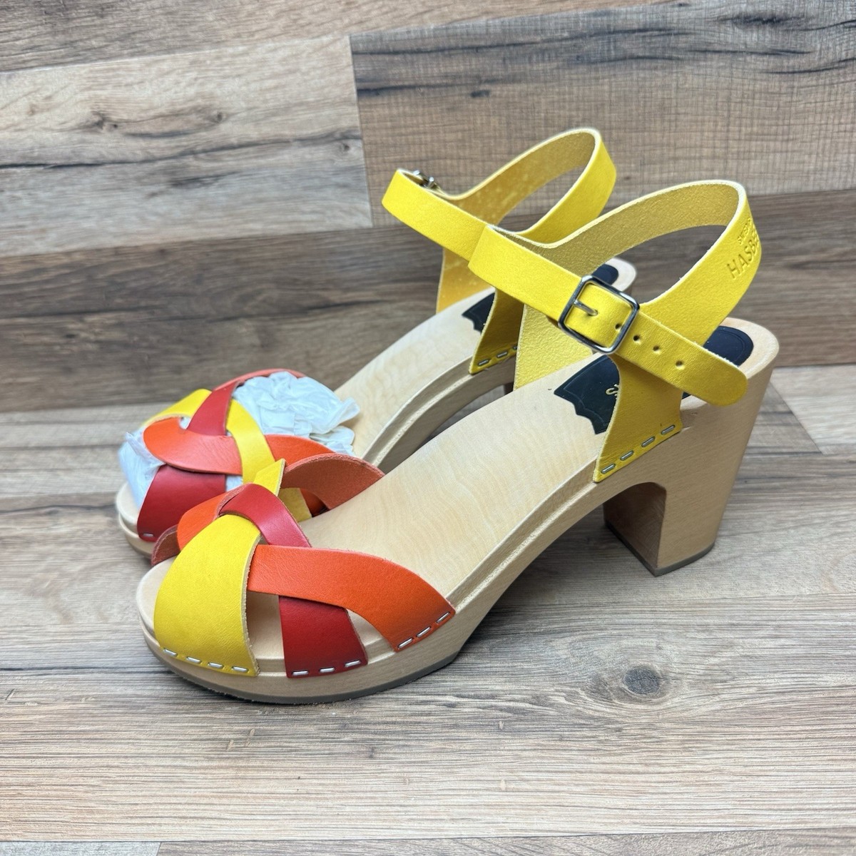 Swedish Hasbeens Size 10 Clogs Multicolor Leather Open Toe Woven