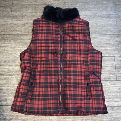 Chaps Puffy Vest Sz M Faux Fur Collar Red Black Buffalo Plaid Zip Front Women s