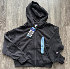 Champion Hoodie Womens Large Black Fleece Full Zip Logo Sweatshirt Athletic