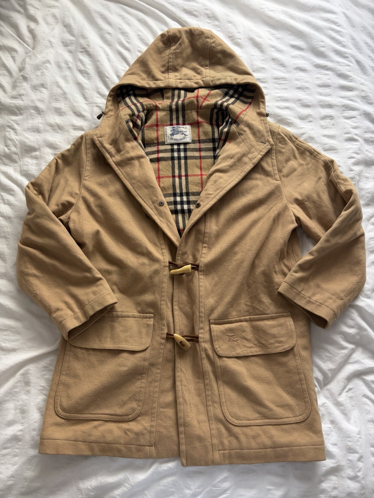 Burberrys Beige Hooded Duffle Coat Toggle Closure Wool Lined Men’s Size S
