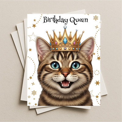 Birthday Queen card brown tabby cat blank greeting card, note or gift card