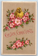 1908 Easter Greetings Chick And Pink Flowers Embossed Clapsaddle Posted Postcard