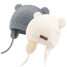 Kids Baby Hat Soft Warm Cable Knit Beanie 6-12 Months Bear White and Grey