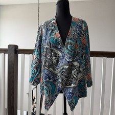 Chicos 100 Linen Paisley Blazer Jacket Cardigan Sz 2 US L Artsy Resort Coastal