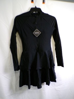 Zaful Women's Black Long Sleeve Swimdress Hooded Zip Front S Swimwear