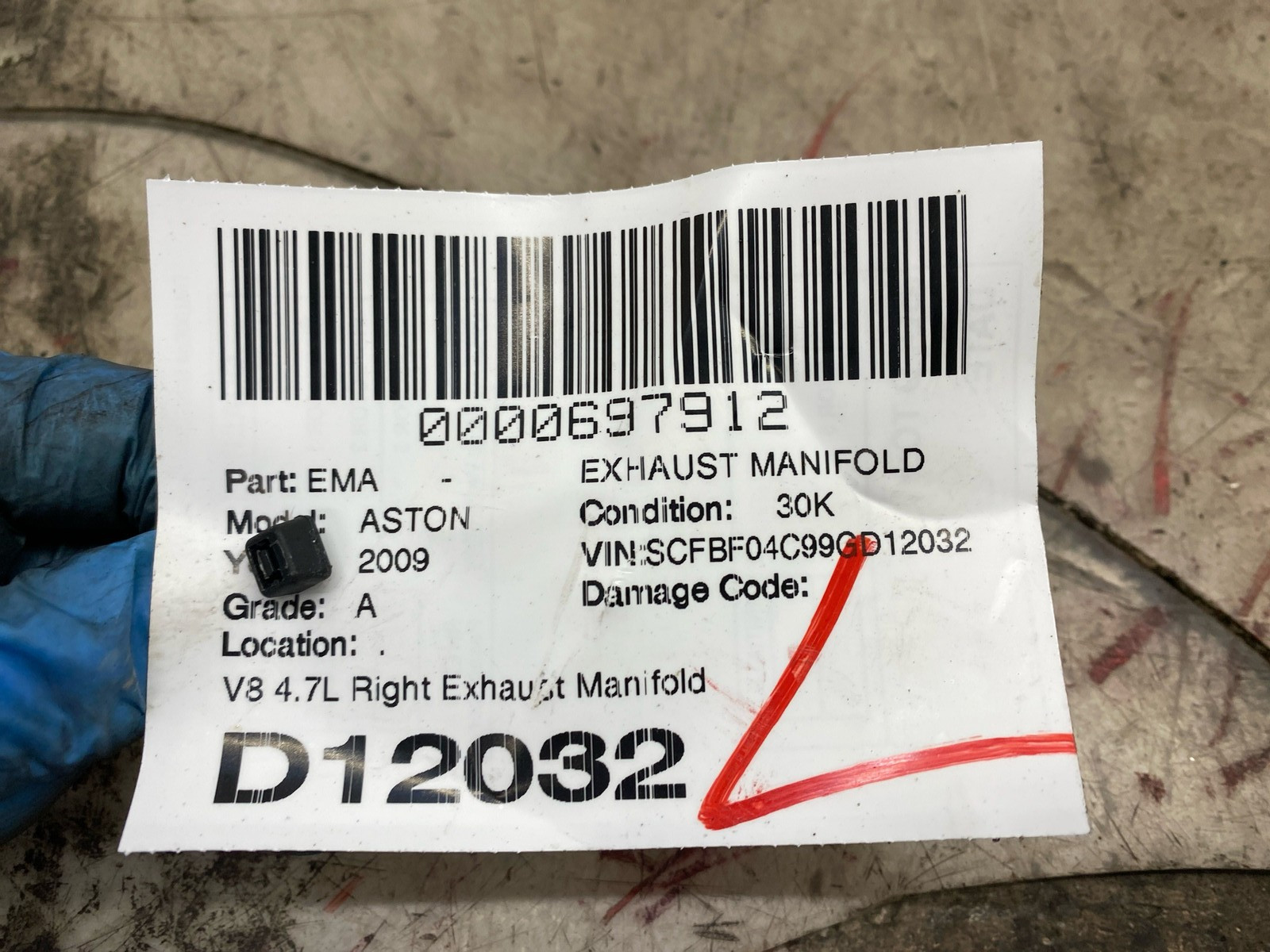 Aston Martin Vantage 2009 RIGHT Exhaust manifold P/N 6G335E236BC